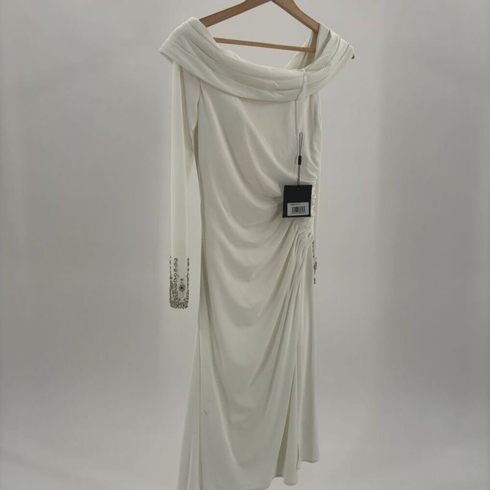 Mac Duggal White Formal Long Sleeve Dress with Dazzled Wrists
